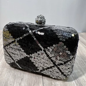 Schwarz Silber Pailletten Argyle Abendtasche Glitzer Argyle Muster Party Abschlussball Hochzeit - Bild 1 von 15