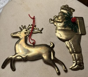 Department 56 Brass Santa Claus & Reindeer Christmas Tree Ornaments Holiday - Picture 1 of 6