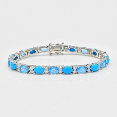 Natural Turquoise & Swiss Blue Topaz Gems 925 Sterling Silver Tennis Bracelet - Image 1 of 4