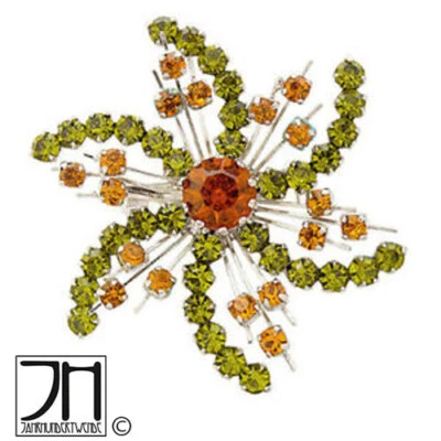 Strass Brosche Blumen Blüte Metall Grün Orange paste pin brooch flower - Bild 1 von 3