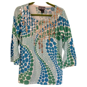 Vintage Berek Polka Dot Pullover Damen M blau grün Pailletten Frühling Strick Ostern - Bild 1 von 12