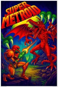 SUPER METROID SNES POSTER - SAMUS RIDLEY DRAGON NINTENDO CLASSIC ACTION - Picture 1 of 14