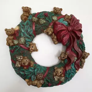 Schöner Vintage Keramik Weihnachtskranz Ornament Teddybären Stechpalme Bänder - Bild 1 von 6