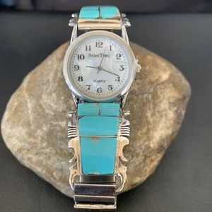 Correa de puntas de reloj navajo de plata esterlina con incrustaciones de turquesa azul para hombre 2094 - Imagen 1 de 12