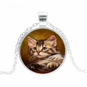 BROWN CAT ART Handmade Glass Pendant German Silver 20" Necklace Women Men - Picture 1 of 7