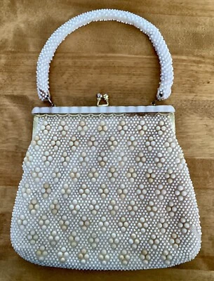 Bolso de Cuentas Blanco Años 60 De Colección con Apertura con Bisagras/Cierre Kisslock, MOP Adornado, HK Foto 1 de 4
