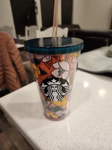 Starbucks 16oz Tumbler Poppy Flowers Acrylic Cold Drink Green Orange Rare - Picture 1 of 7