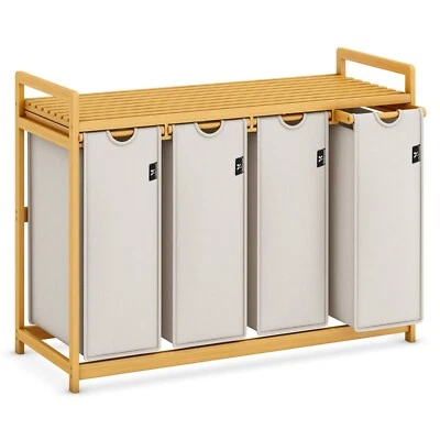 Wäschekorb Wäschesammler 4 Fächer 200L Aus Bambus, Wäschekorbregal, Bitte Lesen - Bild 1 von 4