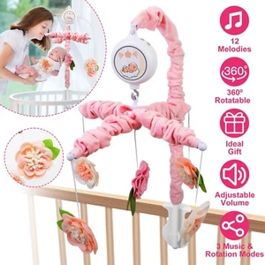 Baby Newborn Musical Crib Mobile Nursery Toys Rotatable Rack 5 Flower Rattles - Picture 1 of 13