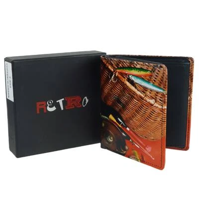 Mens Leather Fishing Tri-Fold Wallet by Retro Gift Box Anglers Fish Hook Rod - Image 1 of 4