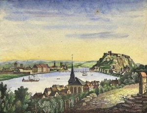 COBLENZA - Veduta generale con pietra d'onore - col. Litografia a molla 1840 circa - Foto 1 di 2