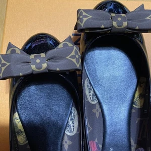 LOUIS VUITTON Monogram Ribbon Patent Flat Pumps Ballet Shoes Black Size38/US8 - Picture 1 of 24