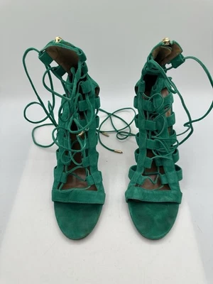 Sandalias Gladiador Aquazzura Verde Gamuza Tacones Tirantes Talla 40/10 Foto 1 de 4