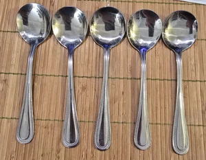 SET OF 5 DON 6 1/4" BEADED GLOSSY STAINLESS ROUND BOWL SPOONS - Picture 1 of 1