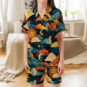 Sun Moon Satin Pajama Set - Womens Short Sleeve PJs - Picture 1 of 13