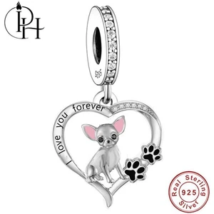Chihuahua Dog Charm 925 Sterling Silver Dangle Bracelet Paw Heart Dog Mum Gift - Picture 1 of 6