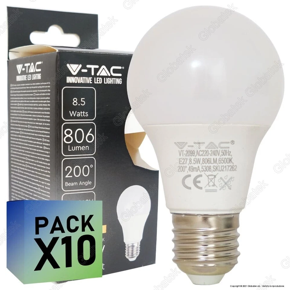 10 LAMPADINE LED E27 V-Tac 8,5W Goccia pack risparmio LUCE Calda Naturale Fredda
