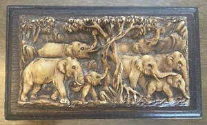 VTG relief carved elephant wood trinket jewelry box made in Thailand 6x3.5x2.5" - Picture 1 of 7