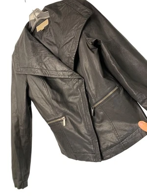 Michael Kors 女式黑色黄油皮革不对称拉链夹克 M RII10589 二手状况完好 — 第 1/4 张图片