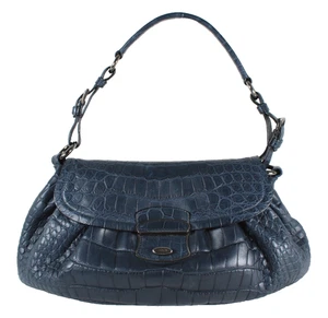 Bolso de Hombro PRADA Azul Marino Piel de Cocodrilo Plisado Logo Deslizable Bloqueo Solapa - Imagen 1 de 15