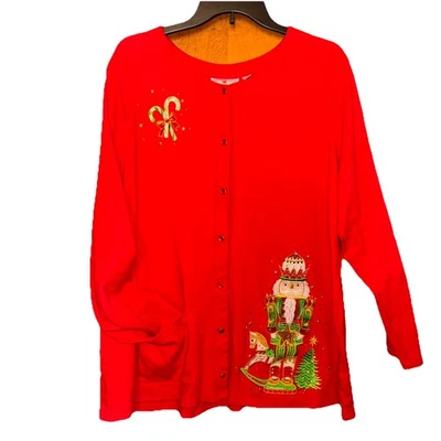 2XL Quacker Factory Christmas Cardigan Red embroidered nutcracker  Holiday Tree - Image 1 of 4