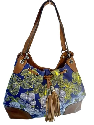Bolso de Mano Chaps Vintage Azul Amarillo Floral Lona Borla Foto 1 de 4