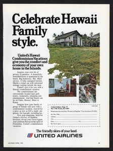 United Airlines 1975 Celebrate Hawaii estilo familiar condominio vacaciones anuncio impreso - Imagen 1 de 3