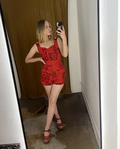 Vintage 1950s 1960s red tiki romper playsuit Hawaiian cotton rockabilly XS - Picture 1 of 9