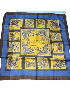 DRAGON SCARF Made In Italy 25” Square ASIAN brown Yellow Blue writing Patchwork - Picture 1 of 16