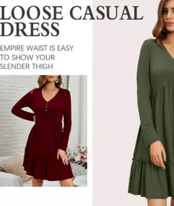 imesrun Womens Ruffle Casual Dress V Neck Long Sleeve Maternity Flare Wine Color - Picture 1 of 5
