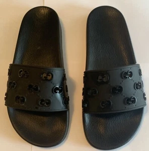 GUCCI 573922 Sandalias Planas GG Mujer Sandalias Ducha Piscina Goma Negras Talla 9 - Imagen 1 de 7