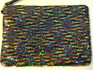 SILVER BLACK RAINBOW SEQUIN FLIP COSMETIC MAKEUP BAG POUCH CLUTCH WRISTLET - Picture 1 of 6