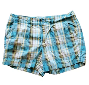 Faded Glory Plaid Shorts Women's 12 Blue Yellow Gray White 34 x 4 Cuffed FLAW - Picture 1 of 6