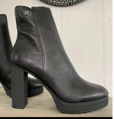 DKNY Mujer 9.5 M Cuero Negro Tessi Tacón Bloque Botines Punta Redonda Bota Foto 1 de 4