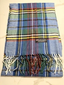 100% Cashmere Scarf Blue Yellow White Plaid Check Classic Holiday Soft Luxury - Picture 1 of 2