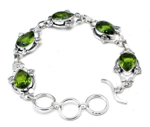 Green Peridot Gemstone Handmade 925 Sterling Silver Jewelry Bracelet Size-7-8" - Picture 1 of 3