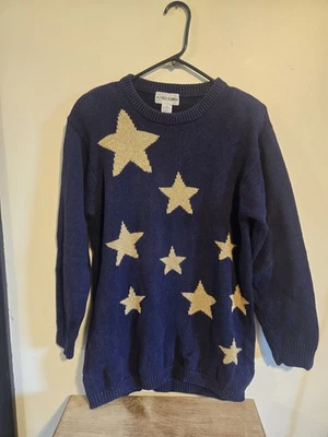 Alfred Dunner Navy Blue Sweater With Gold Stars Small Long Sleeve Shoulder Pads - Изображение 1 из 4