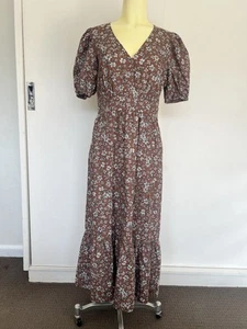 French Connection Dress 10 Brown Floral Linen Cotton Blend For & Flare Midi - Picture 1 of 17