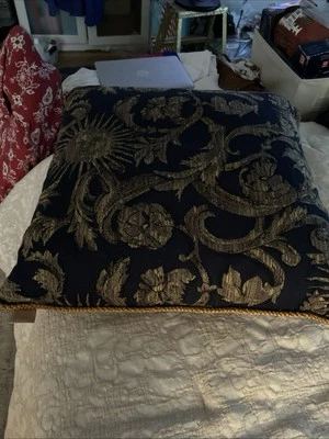 Set of Two Blue and Gold Damask Square Decorative Throw Pillows with Gold Fringe - Image 1 of 4