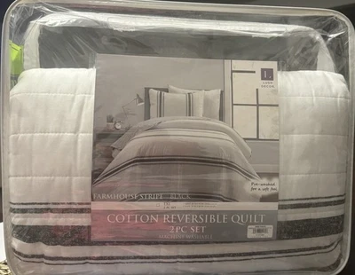 Juego de edredón y farsa de algodón reversible a rayas de granja decoración exuberante doble/doble X Foto 1 de 2