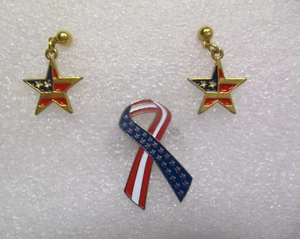 Vtg. Avon Patriotic Star Earrings Pierced Gold Tone & Enamel & Lapel Pin - Picture 1 of 4