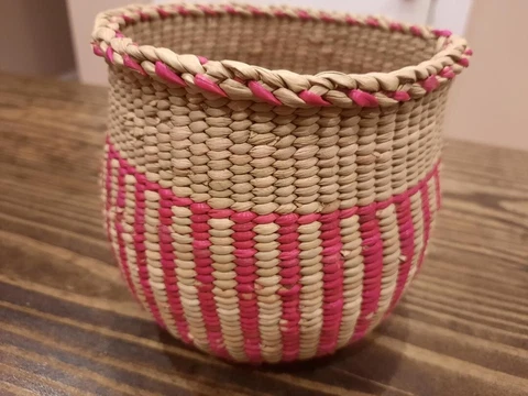 Hand Woven Basket Planter, 5" Pink and Brown Boho Tight Coil Cover
