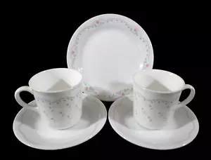 Corelle Bread Plate & 2 Cups with Saucers - Pink Floral with Blue Scallop Trim - Picture 1 of 15