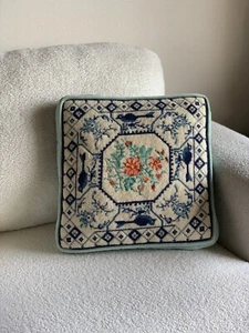 Vintage Needle Point Embroidered Hand Made Pillow Bluebirds Flowers EUC - Picture 1 of 15