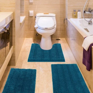 ACCUMTEK Striped Teal Blue Bathroom Rug Set 3 Pieces Ultra Soft, Non Slip Chenil - Picture 1 of 6