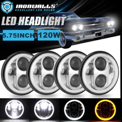 4Pcs 5.75" Chrome LED Headlights Hi-Lo DRL Ring For Cadillac Fleetwood 1965-1974 - Image 1 of 4