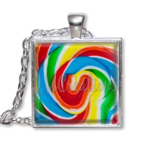 Bright Lollipop Swirls Pattern - Handmade SQUARE Glass Pendant Necklace - Picture 1 of 9