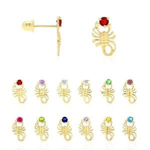 14K Yellow Gold Round Birthstone Scorpion Screw Back Stud Earrings - Picture 1 of 36