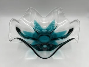 Vintage Viking Glass Flamenco 2-Hue Blue & Crystal 10” Bowl RARE 1422 - Picture 1 of 12