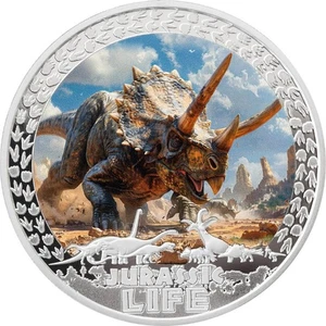Triceratops Jurassic Life 2025 2 oz $20 Pure Silver Proof Coloured Coin Liberia - Picture 1 of 3